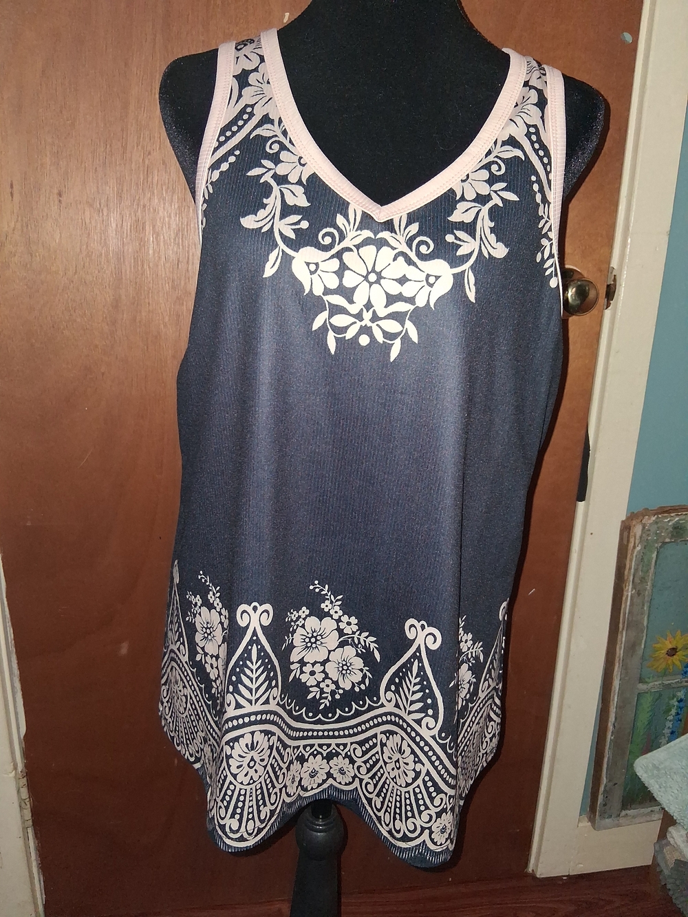 Sleeveless Black And Tan Floral Border V-Neck Tank Top